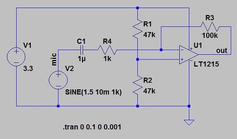 Op-amp based electret microphone preamplifier ltspice