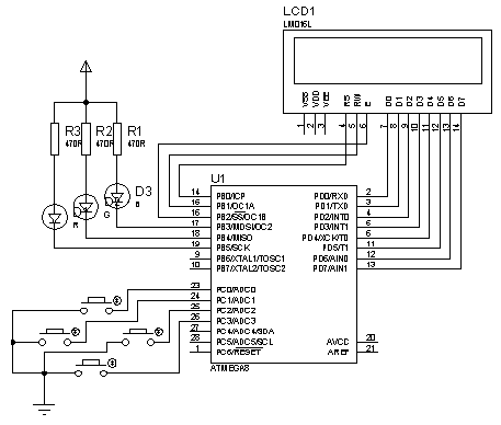 LCD AVR circuit with buttons and LEDs