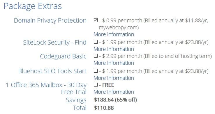 Select bluehost package extras