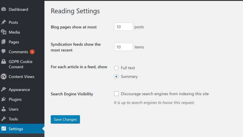 wordpress reading settings