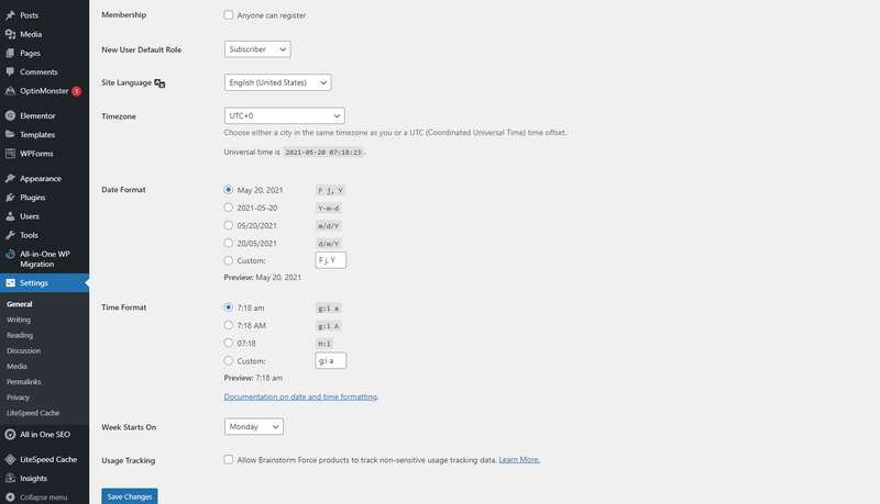 wordpress website general settings