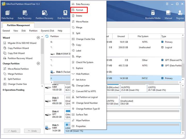 Right-click on your drive from the disk map and click the Format option