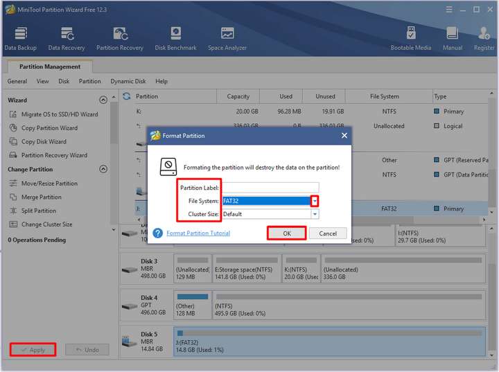 configure the partition label, file system, and cluster size