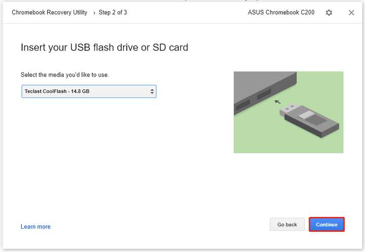 Click on your USB drive from the drop-down menu and click Continue.