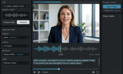 AI software screen showing audio input, voice selection, video preview, and progress bar