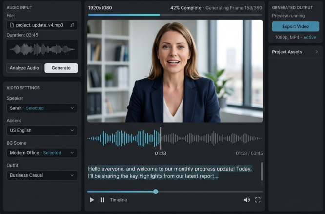 AI software screen showing audio input, voice selection, video preview, and progress bar