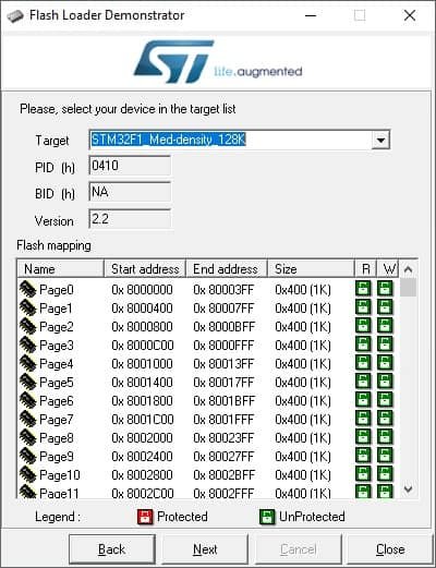 FLASHER-STM32 device select screen and bootloader version