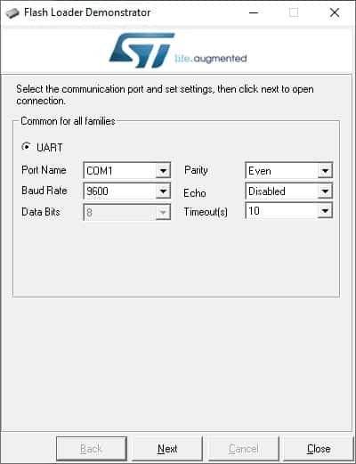 Flash Loader Demonstrator, also known as FLASHER-STM32 start screen