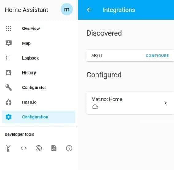 MQTT configure in integrations menu