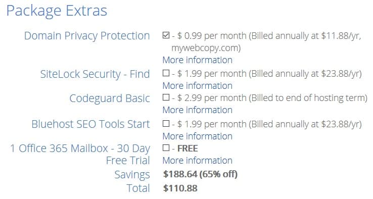 Select bluehost package extras