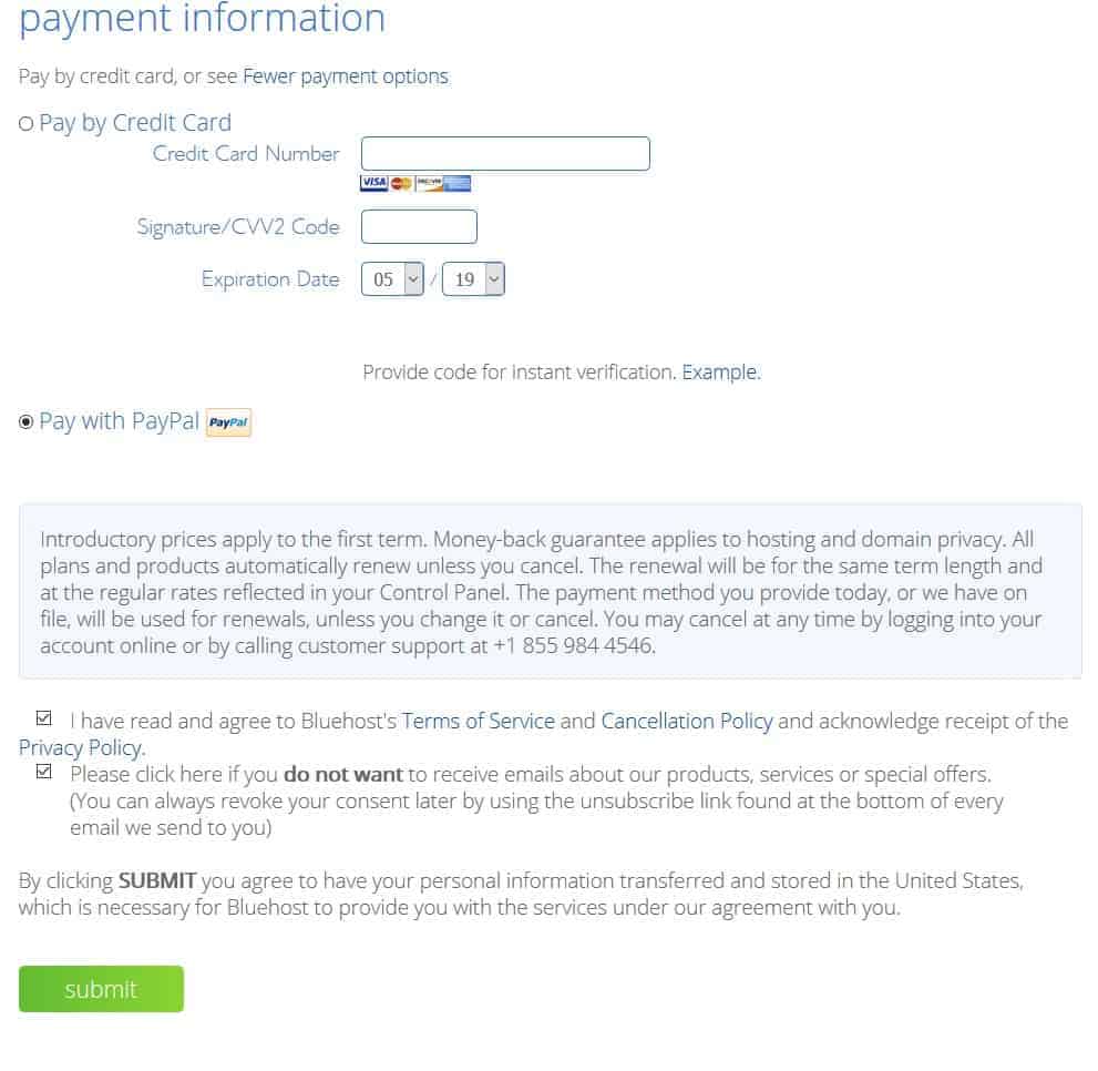 Paiment information in bluehost